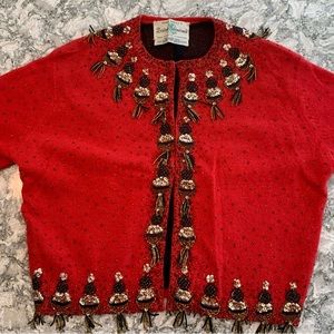 VINTAGE red wool beaded short sleeve sweater
